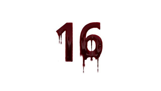 Bloody number 16 with alpha channel, number 16 in blood