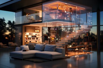 Inside a minimalist smart home, interconnected devices create a seamless and stylish interior, generative AI
