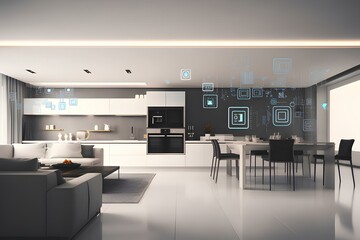 Inside a minimalist smart home, interconnected devices create a seamless and stylish interior, generative AI