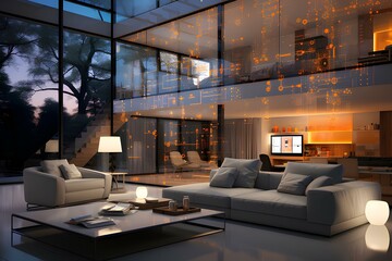 Inside a minimalist smart home, interconnected devices create a seamless and stylish interior, generative AI
