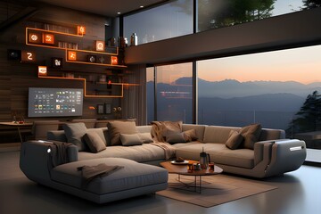 Inside a minimalist smart home, interconnected devices create a seamless and stylish interior, generative AI