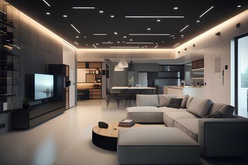 Inside a minimalist smart home, interconnected devices create a seamless and stylish interior, generative AI