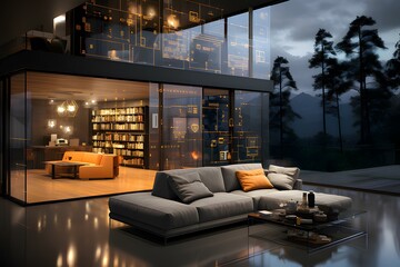 Inside a minimalist smart home, interconnected devices create a seamless and stylish interior, generative AI