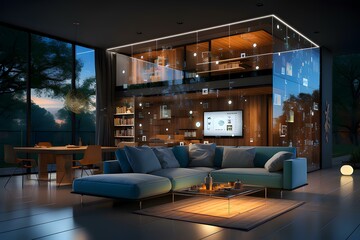 Inside a minimalist smart home, interconnected devices create a seamless and stylish interior, generative AI