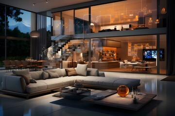 Inside a minimalist smart home, interconnected devices create a seamless and stylish interior, generative AI