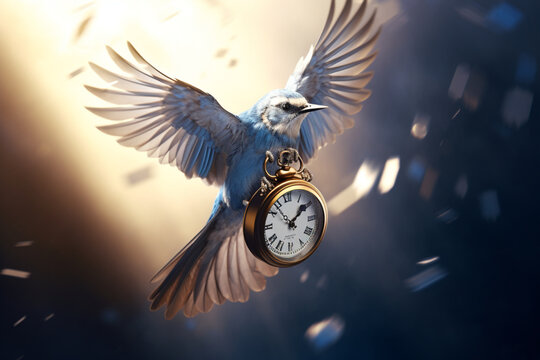 Clouds with sunlight shinning through. , bluejay flying. hyper realistic look, studio lighting