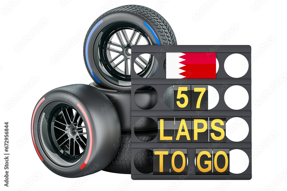 Poster bahraini racing, pit board with flag of bahrain and racing wheels with different compounds type tyre