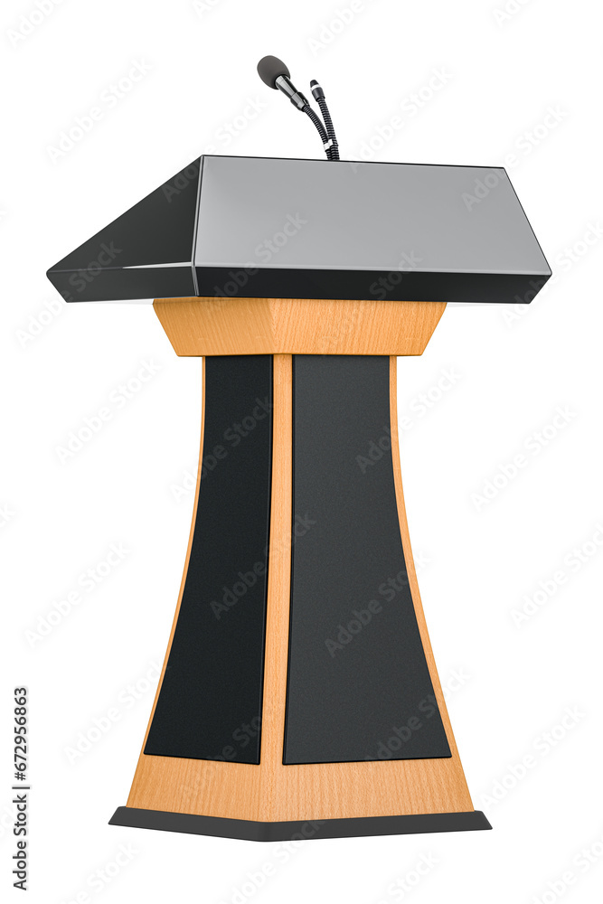 Poster wooden tribune with microphone, 3d rendering isolated on transparent background