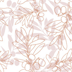 Seamless red olive pattern. Greek olives on branches with leaves, hand drawn sketch vector illustration. Greek olive floral decoration fresh can be used for textile.