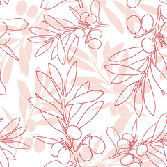 Seamless brown olive pattern. Greek olives on branches with leaves, hand drawn sketch vector illustration. Greek olive floral decoration fresh can be used for textile.