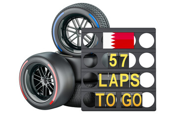Bahraini racing, pit board with flag of Bahrain and racing wheels with different compounds type tyres. 3D rendering isolated on transparent background