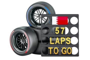 Fotobehang Bahraini racing, pit board with flag of Bahrain and racing wheels with different compounds type tyres. 3D rendering isolated on transparent background © alexlmx
