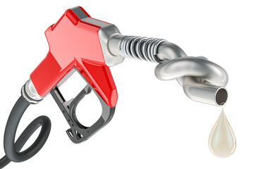 Gasoline pump nozzle tied in a knot. Energy crisis, concept. 3D rendering isolated on transparent background