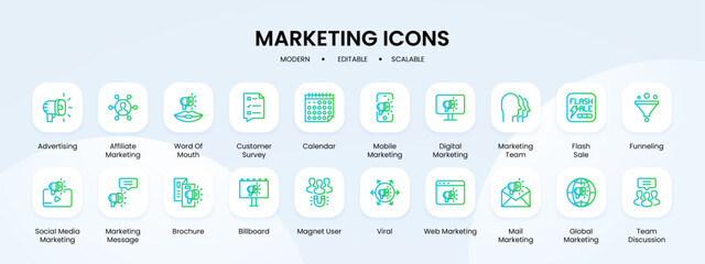 Marketing icon collection with blue and green gradient outline style. set, business, marketing, social, collection, media, web. Vector Illustration