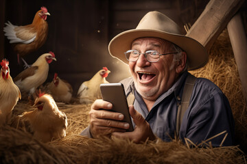 portrait of a funny old man, a villager, he sits on hay in barn of ranch, and laughs, makes a video call by smartphone, or playing online game, chickens around him, retro style