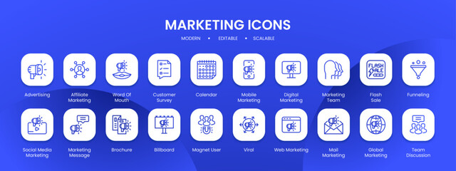 Marketing icon collection with black filled line outline style. set, business, marketing, social, collection, media, web. Vector Illustration