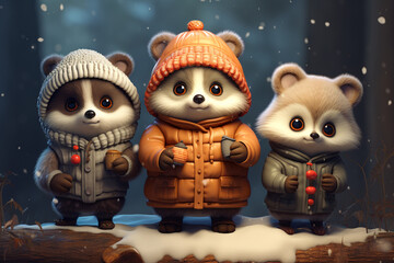 Obraz premium cute couple of animals are warmly dressed in winter, wrapped in cozy, natural fur or feathers. adorable huddle together, exchanging warmth love, warm and not freeze in the cold. animal kingdom.