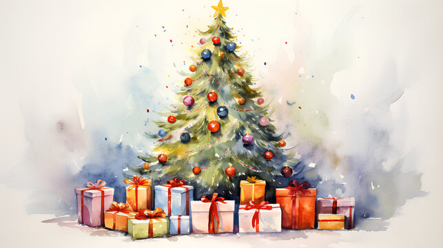 Decorated Christmas tree and gifts in watercolor. 