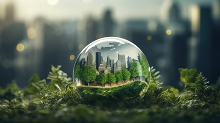 The dream of an eco-city enclosed in a crystal ball, with the agglomeration in the background. - obrazy, fototapety, plakaty