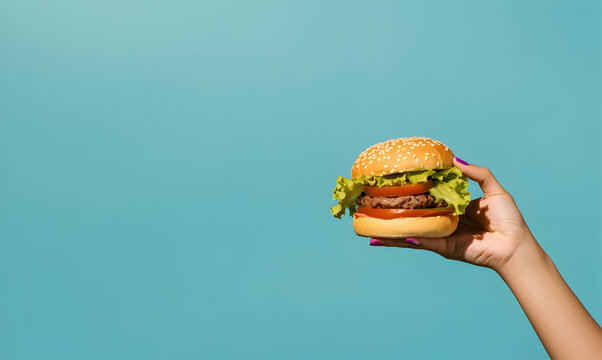 Human Hand Holding Tasty Hamburger Cheeseburger Burger Isolated With Copy Space