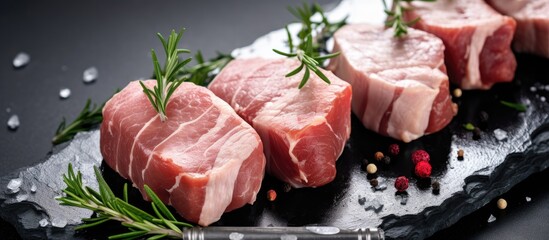 Bacon wrapped pork tenderloin chunks displayed on a knife over a stone backdrop