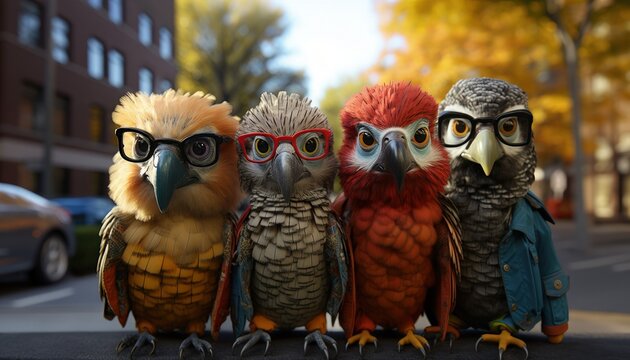 A group of birds with glasses sitting next to each other in the city.