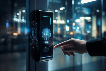 Touching a Ekey, Close-up of the Access control systems, fingerprint reader on a black glass door - 672958417