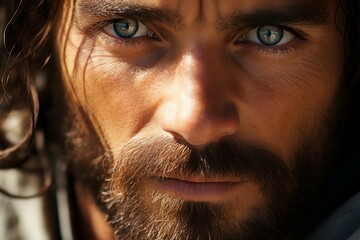 Jesus Christ close-up portrait with a gaze. Religious concept with selective focus and copy space - obrazy, fototapety, plakaty