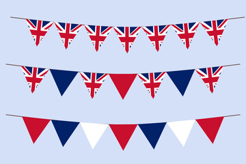 Union Jack Flag bunting garland Isolated. Triangle UK flag with ribbon on string elements for decoration.