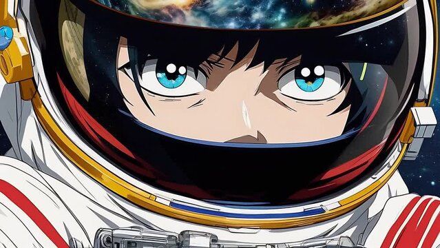 Anime character wearing a space helmet, with a reflection of the Earth and space on the visor. The character has large, expressive blue eyes and dark hair, which are common features in anime depiction