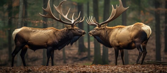 Two enormous male elk assessing each other in preparation for a friendly bout Picture captured in the Elk State Forest located in Elk County Benezette Pennsylvania - obrazy, fototapety, plakaty