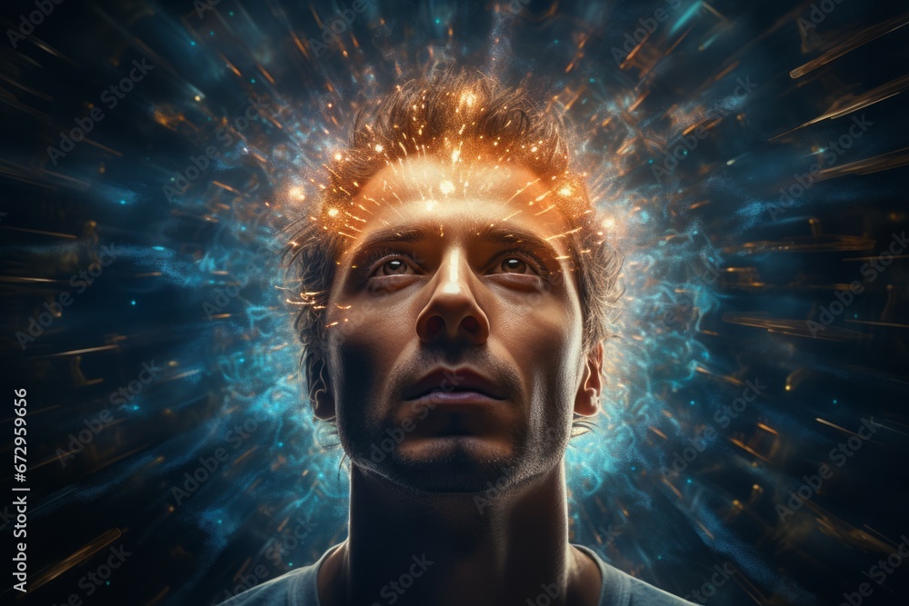 Poster conceptual abstraction of brain neurons. insight concept. portrait with selective focus and copy spa