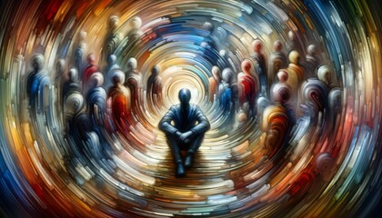 A person sitting alone, their surroundings whirling into a vibrant colorful maelstrom of unrecognizable figures, symbolizing the distortion of reality that can accompany profound isolation.