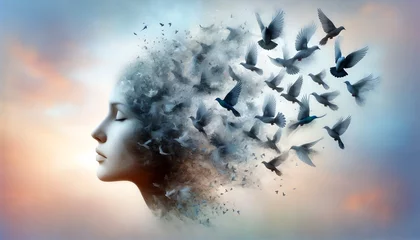 Foto op Canvas A face as it dissolves into a cloud of birds, each bird flying away represents a fragment of self and identity scattering into the ether  disintegration of one's sense of self. © Brian
