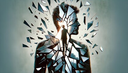 A person's silhouette shattered into multiple shards, with each fragment reflecting a distinct, distorted reality; a metaphor for the fragmented perception experienced in psychological struggles.