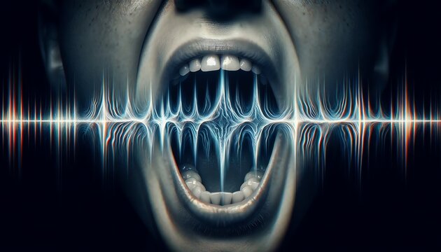 The visceral intensity of a scream, with sound waves dramatically visualized as they emanate from a person's open mouth. conveying the overwhelming nature of pain and the raw power of vocal expression