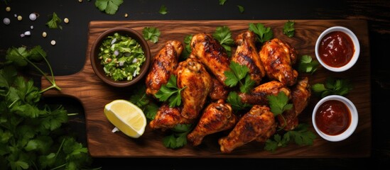 From an elevated angle a photographic perspective showcases grilled chicken wings coated in a savory barbecue sauce and garnished with fresh parsley Positioned on a sturdy concrete table thi