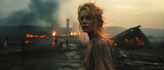In the style of a panoramic movie still. Young woman protagonist in a post-apocalypic landscape. Diesel punk fashion.