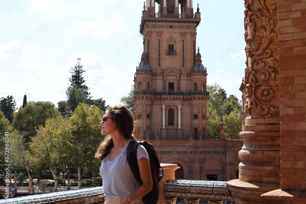 Wall mural person in front of seville plaza de espana