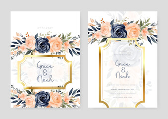 Blue and peach rose artistic wedding invitation card template set with flower decorations
