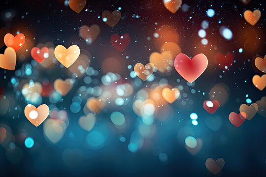 Valentine day background with hearts, sparks and lustrious light, in the style of light red and dark azure