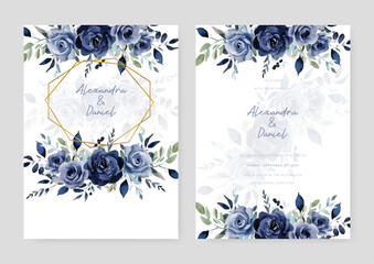 Blue rose set of wedding invitation template with shapes and flower floral border