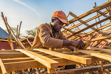 An African American carpenter is building a roof from wooden beams.