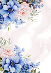 Pink and blue invitation background bouquet watercolor painting with flora and flower