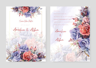 Red and purple violet rose artistic wedding invitation card template set with flower decorations