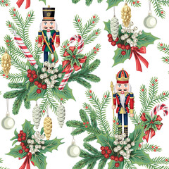 Nutcracker, mistletoe, fir branch, candy cane and Christmas tree toy seamless pattern. Winter New year wallpaper.