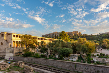 The Stoa of Attalos in Agora of Athens, Greece with Acropolis hill