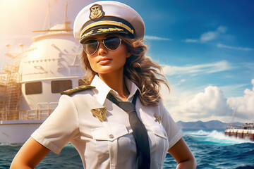 A young woman in the uniform of a captain of a sea liner. - obrazy, fototapety, plakaty