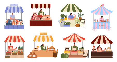 Street market fair. Outdoor market stalls vector flat illustration. People selling fish, bakery, meat, vegetables, fruits, plants, jam and icecream. Local market stalls. . - obrazy, fototapety, plakaty