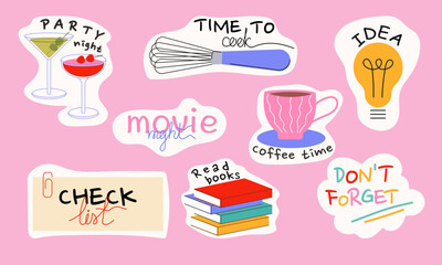 Set of daily or weekly stickers Vector flat illustration. Cute sticker pack with quote, phrases, Words for notebook, agenda, planners, scrapbook, check lists.